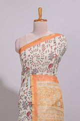 Cream warli design linen cotton saree with contrast zari border and contrast printed blouse