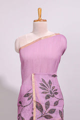 Mauve floral design linen cotton saree with self zari border and contrast floral print blouse