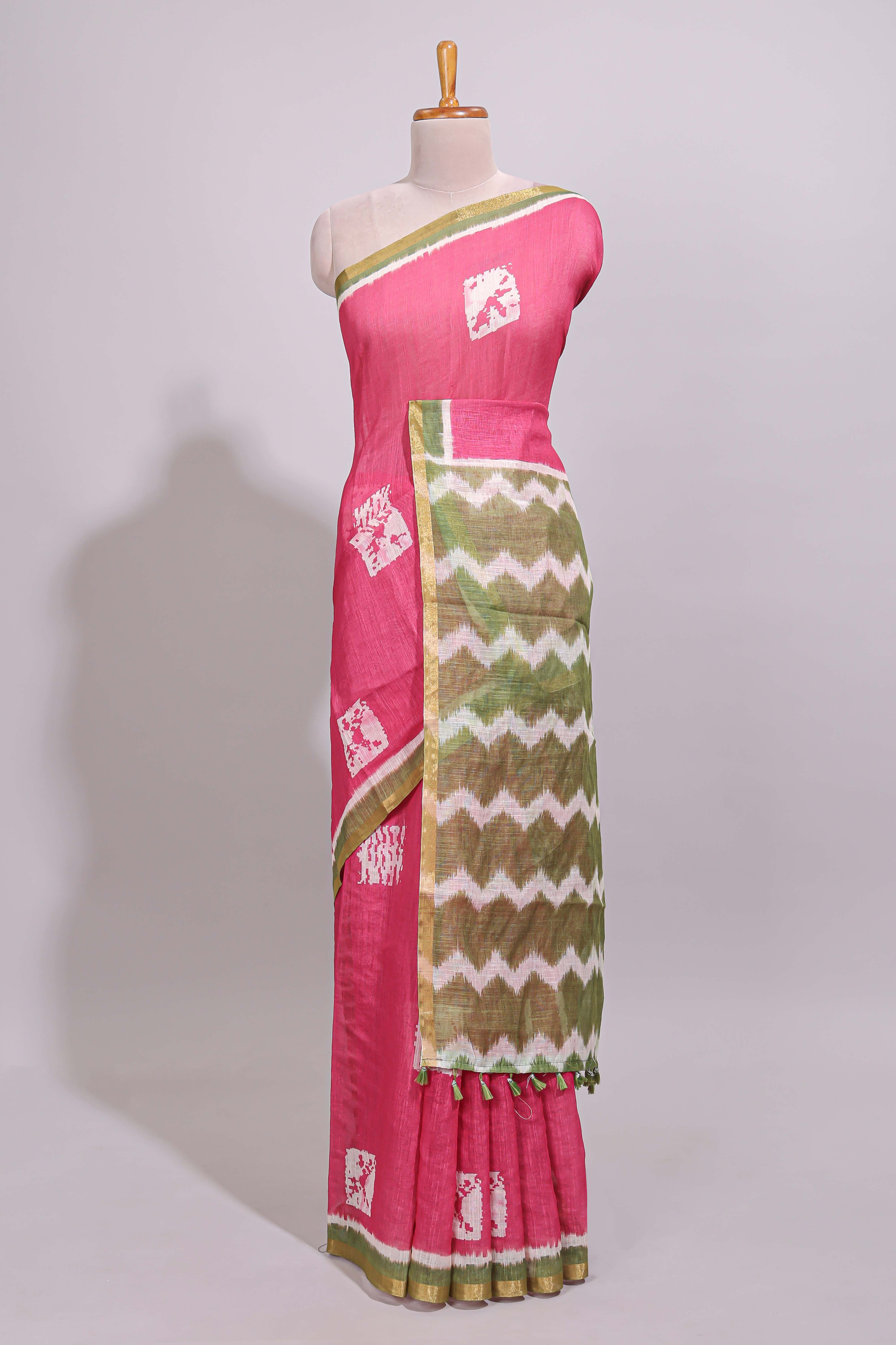 Pink butta design linen cotton saree with contrast border and chevron design pallu