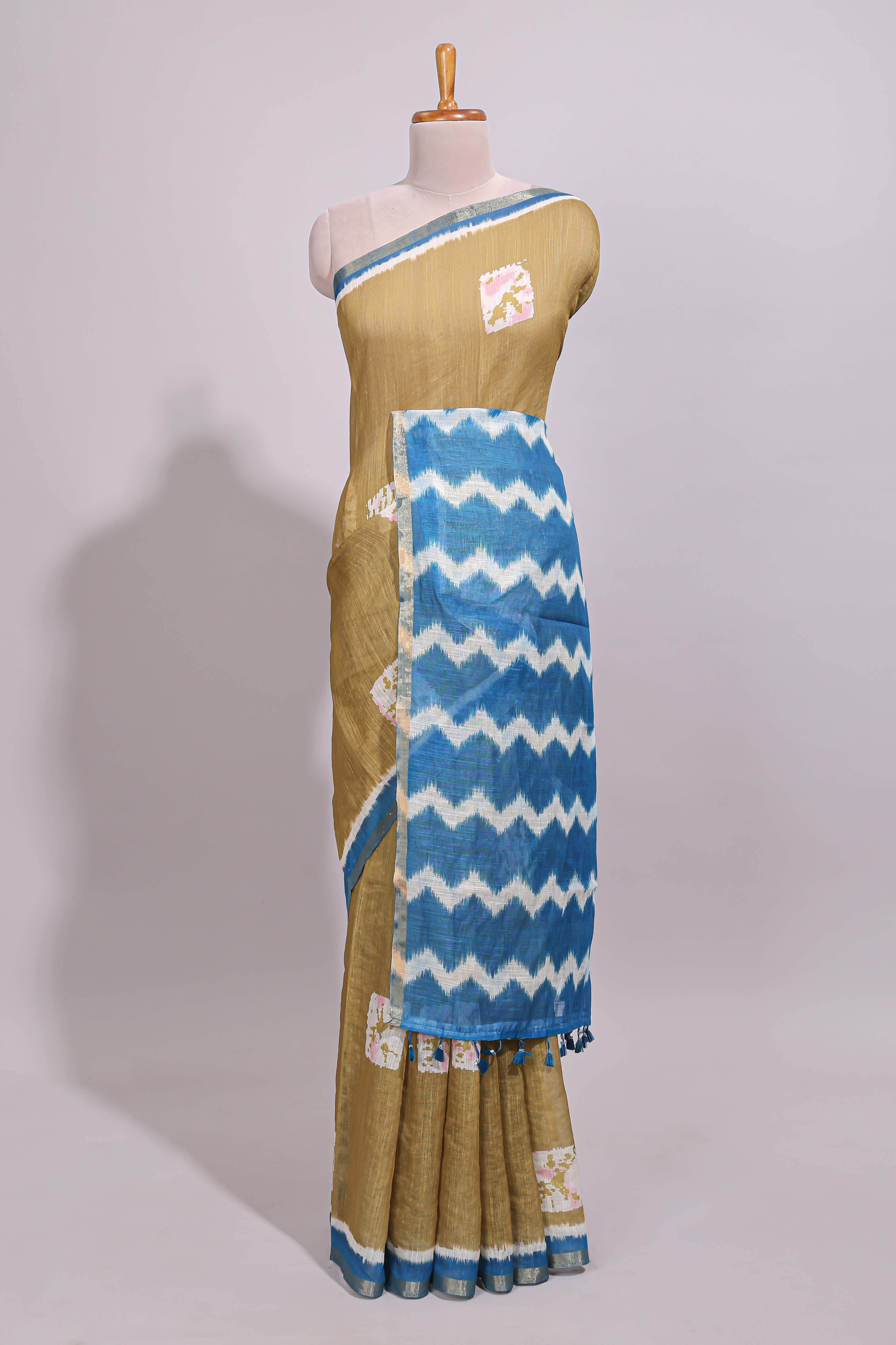 Old yellow geometric butta design linen cotton saree with contrast border and chevron design pallu