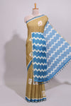 Old yellow geometric butta design linen cotton saree with contrast border and chevron design pallu