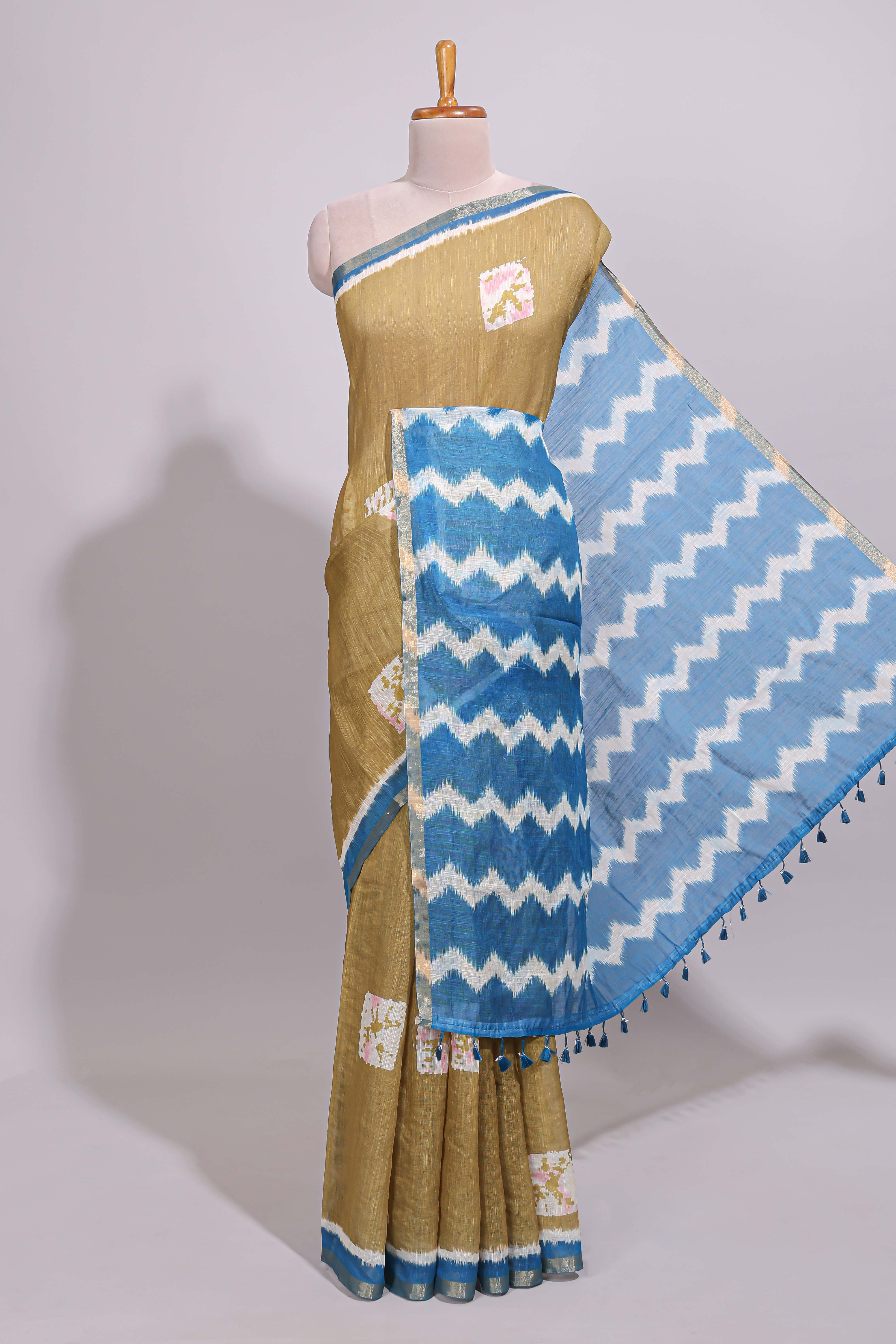 Old yellow geometric butta design linen cotton saree with contrast border and chevron design pallu