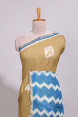 Old yellow geometric butta design linen cotton saree with contrast border and chevron design pallu