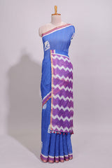 Blue geometric butta design linen cotton saree with contrast border and chevron design pallu