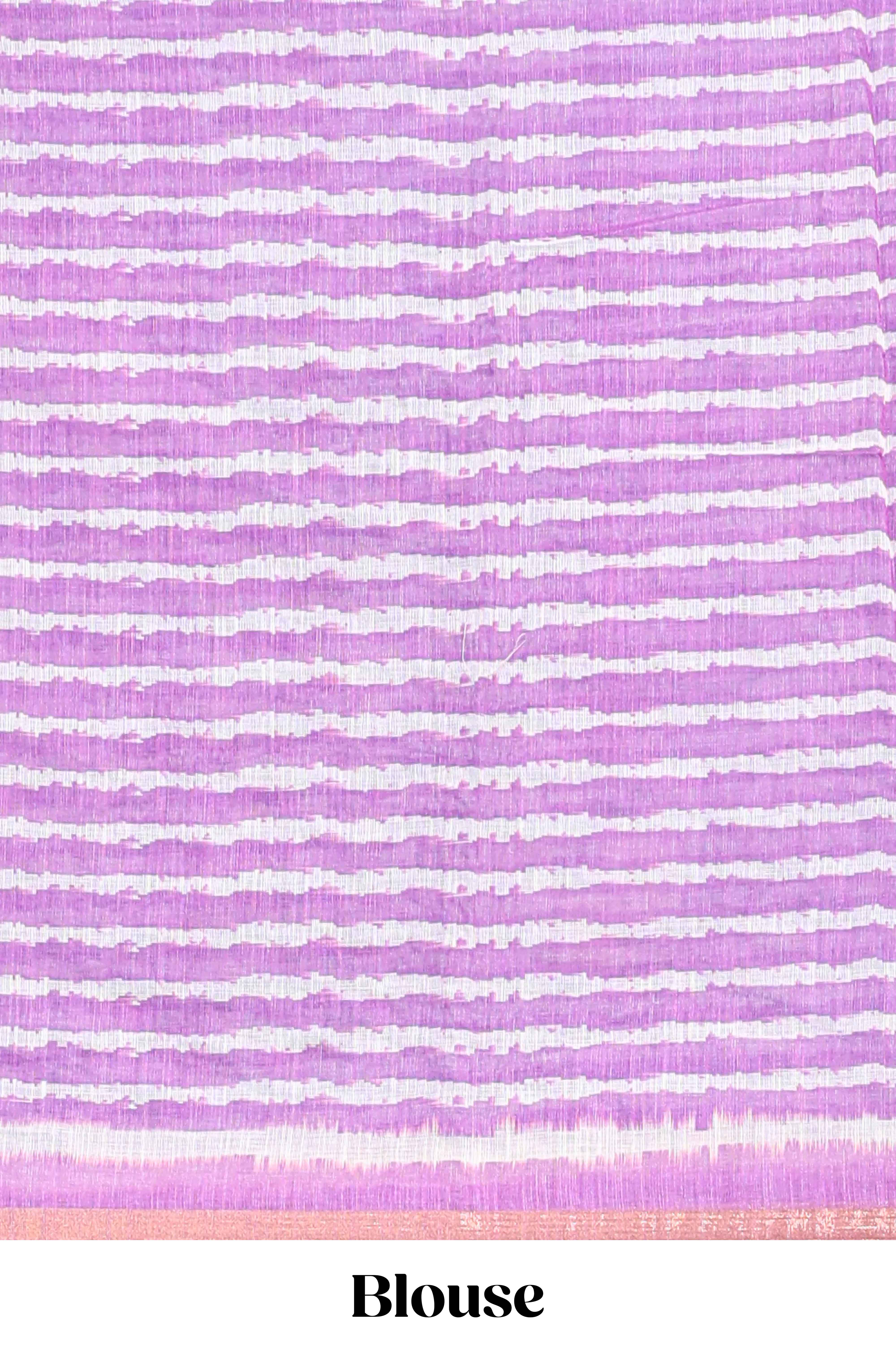 Blue geometric butta design linen cotton saree with contrast border and chevron design pallu