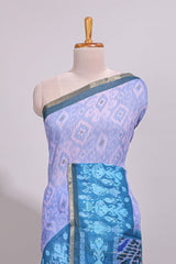 Blue geometric ikkat design linen cotton saree with contrast zari border and printed blouse