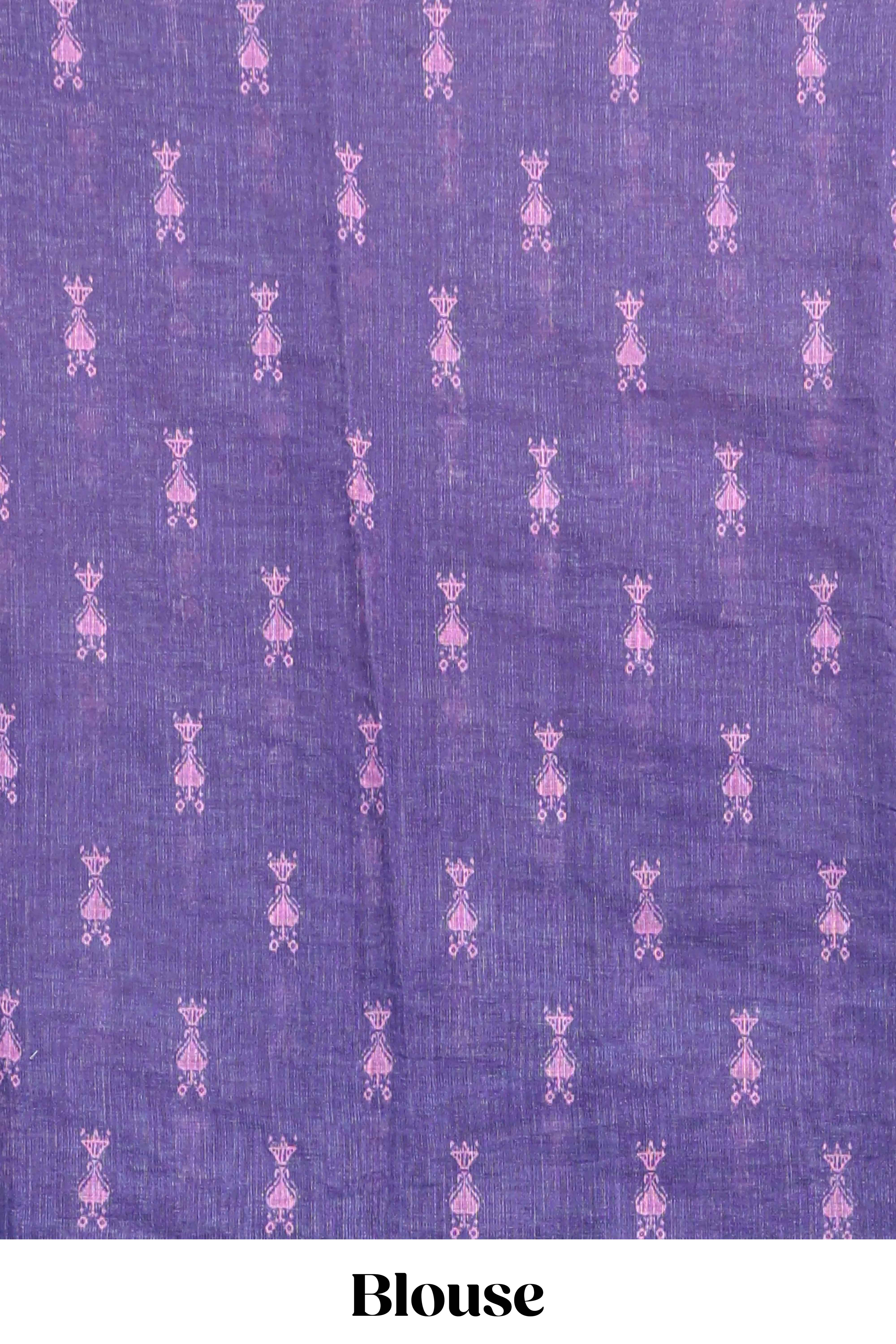 Pink geometric ikkat design linen cotton saree with contrast zari border and printed blouse