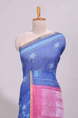 Blue floral design linen cotton saree with self zari border and contrast printed blouse