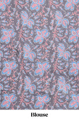 Grey floral design linen cotton saree with self zari border and contrast printed blouse