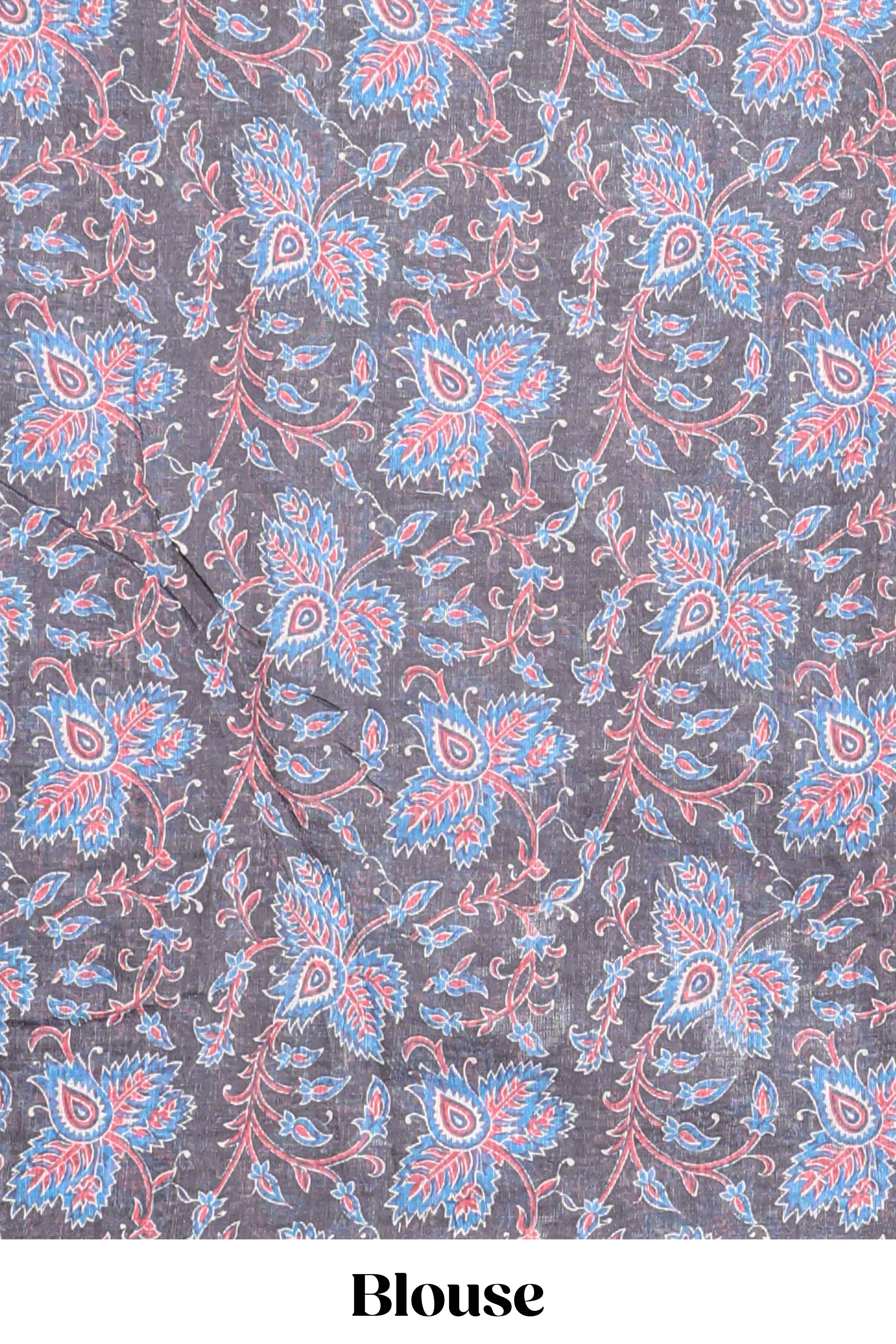 Grey floral design linen cotton saree with self zari border and contrast printed blouse