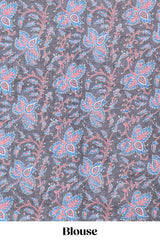 Blue floral design linen cotton saree with self zari border and contrast printed blouse