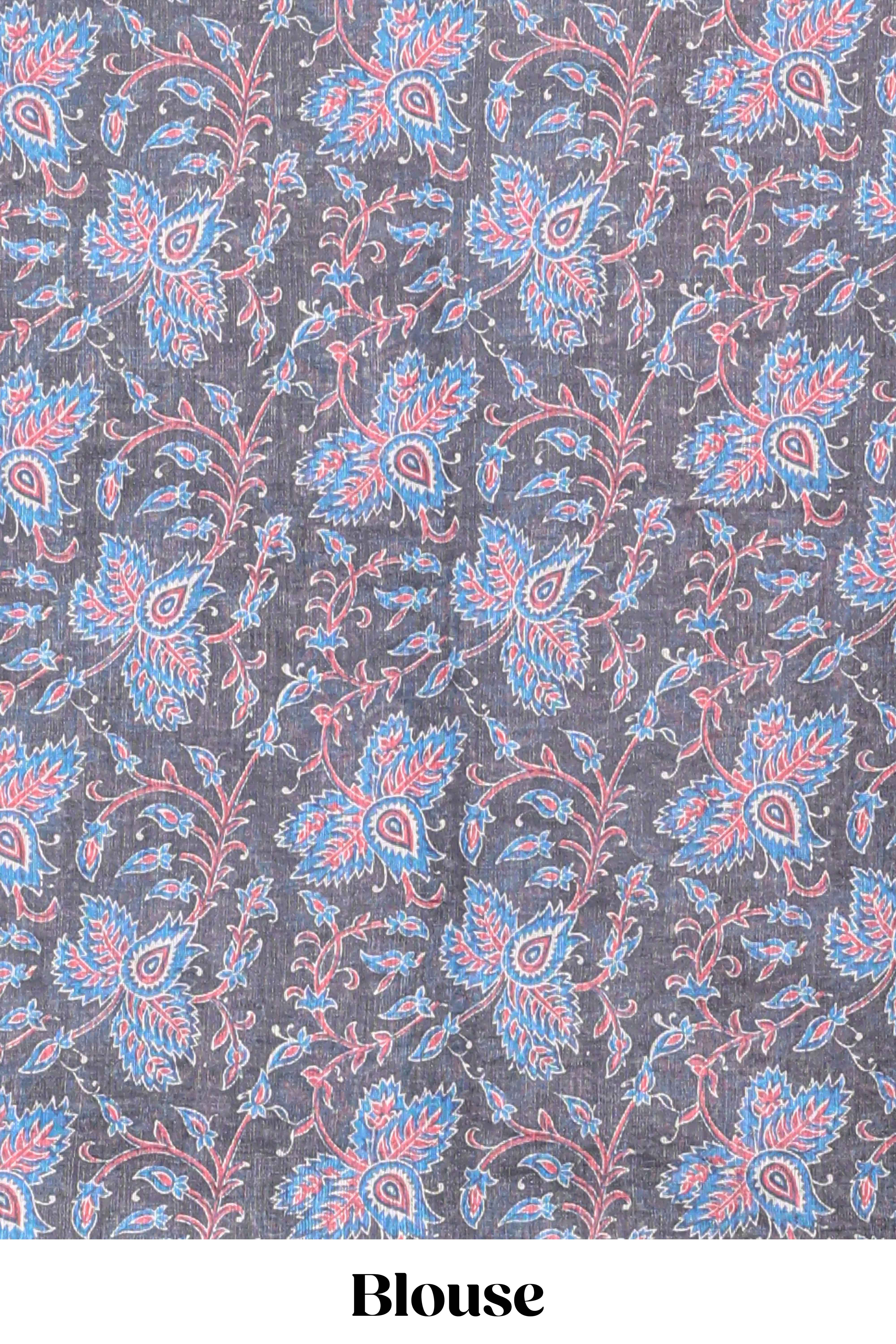 Blue floral design linen cotton saree with self zari border and contrast printed blouse