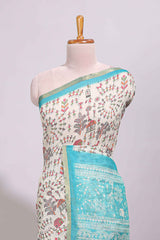 Cream warli design linen cotton saree with contrast zari border and printed blouse