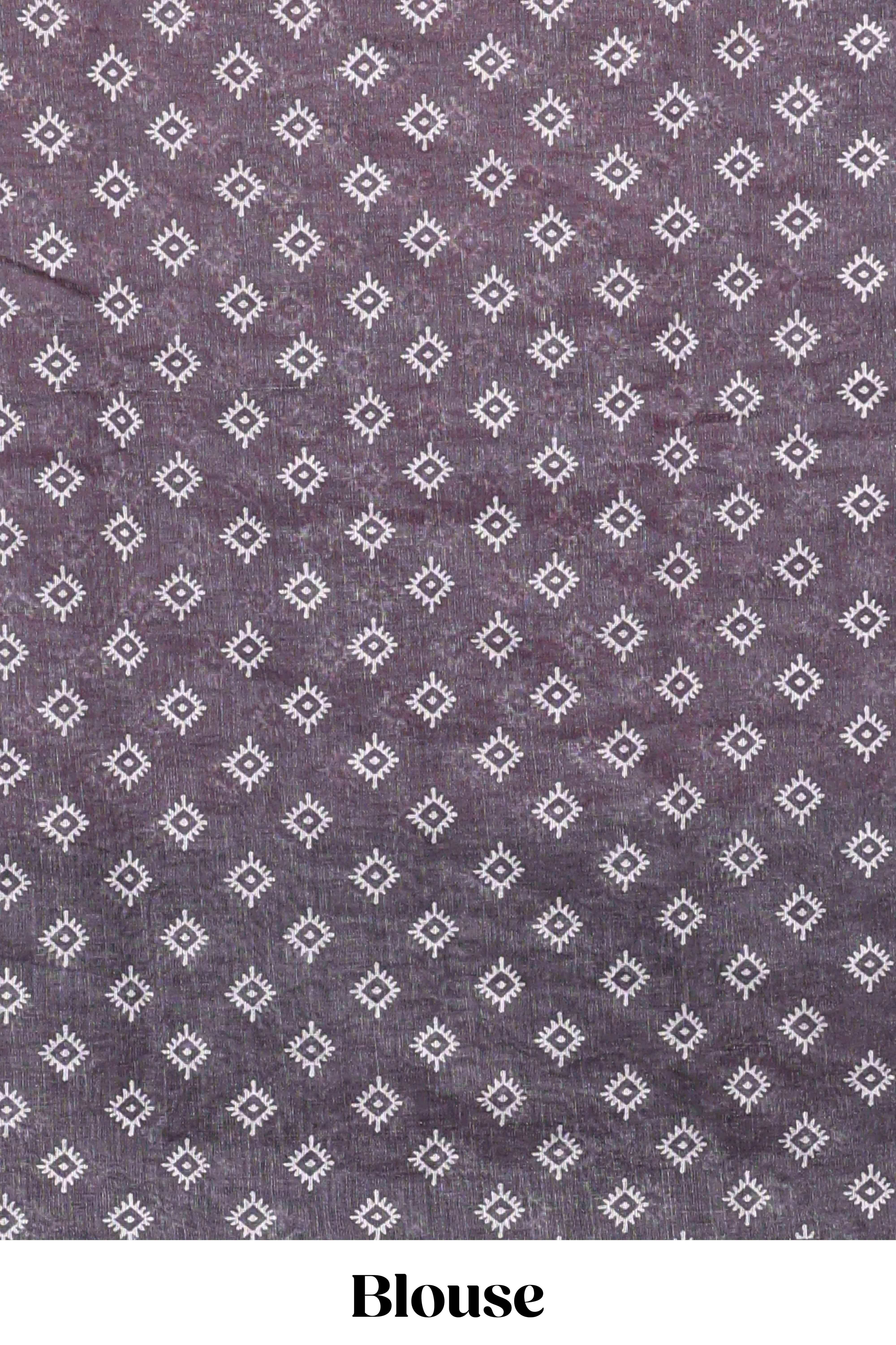 Pink crack design linen cotton saree with contrast zari border and printed blouse