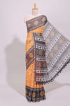 Orange crack design linen cotton saree with contrast zari border and printed blouse