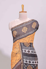 Orange crack design linen cotton saree with contrast zari border and printed blouse