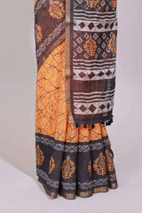 Orange crack design linen cotton saree with contrast zari border and printed blouse