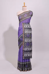 Violet crack design linen cotton saree with contrast zari border and printed blouse