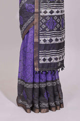 Violet crack design linen cotton saree with contrast zari border and printed blouse