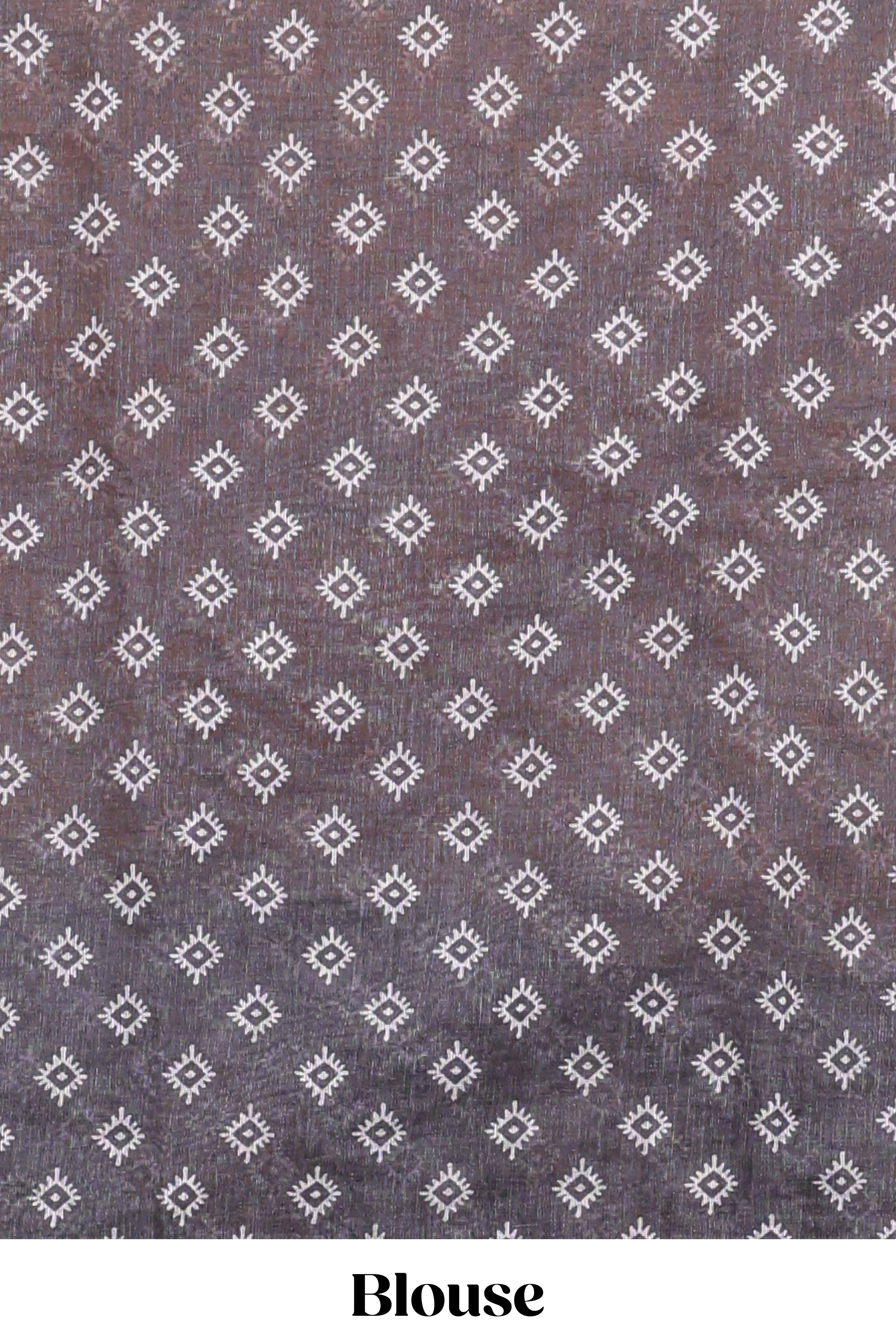 Violet crack design linen cotton saree with contrast zari border and printed blouse