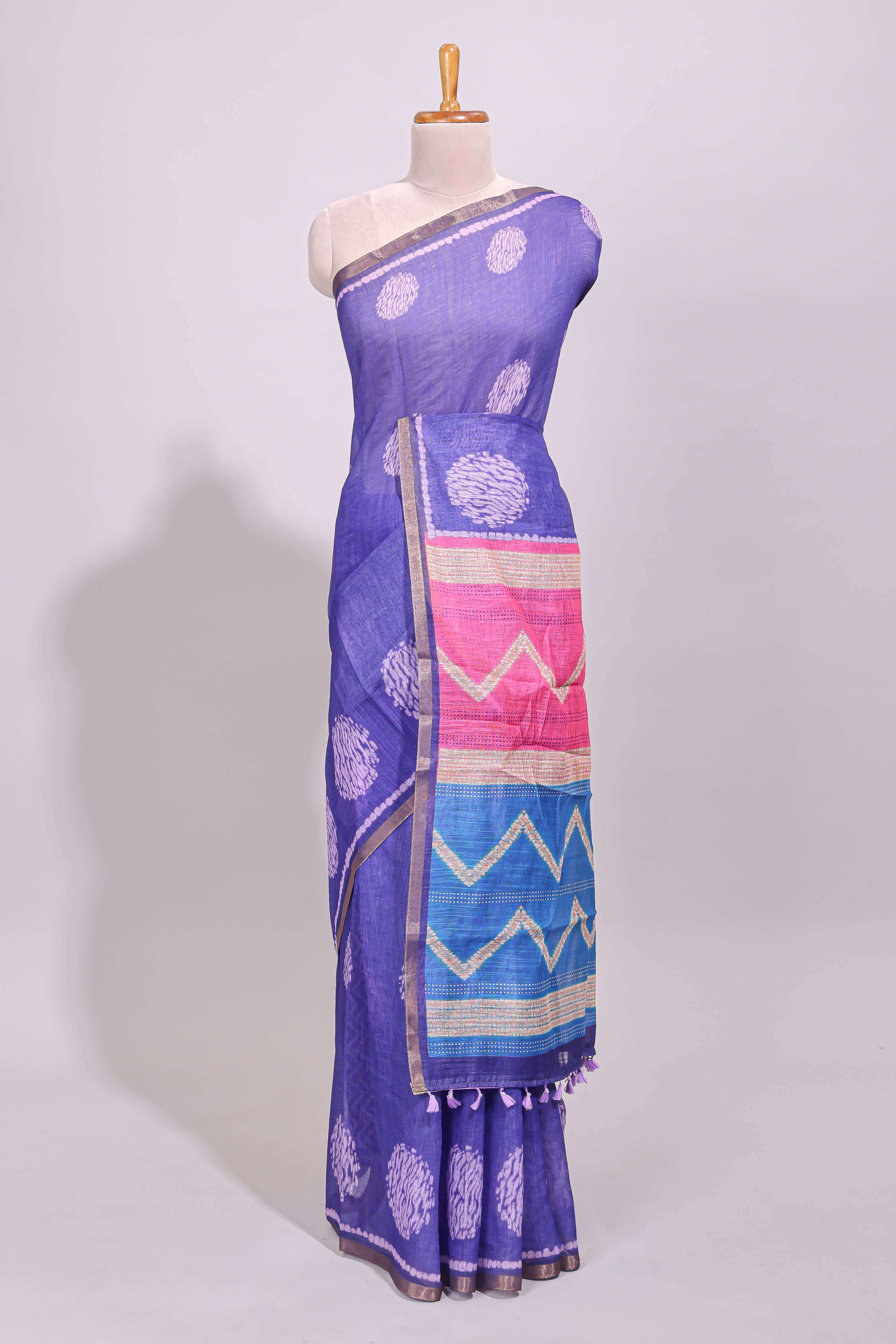 Violet round butta design linen cotton saree with self zari border and chevron printed blouse