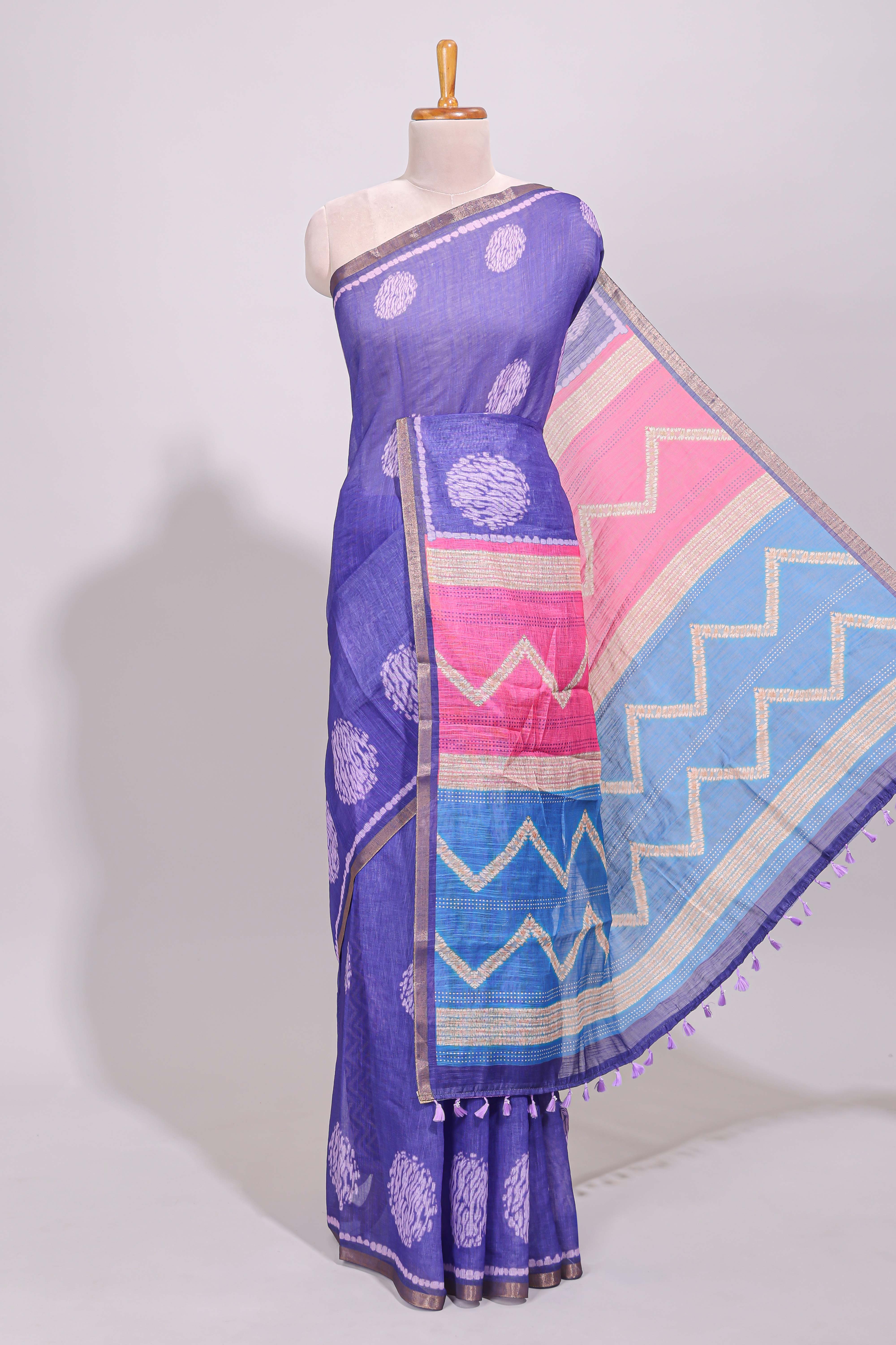 Violet round butta design linen cotton saree with self zari border and chevron printed blouse