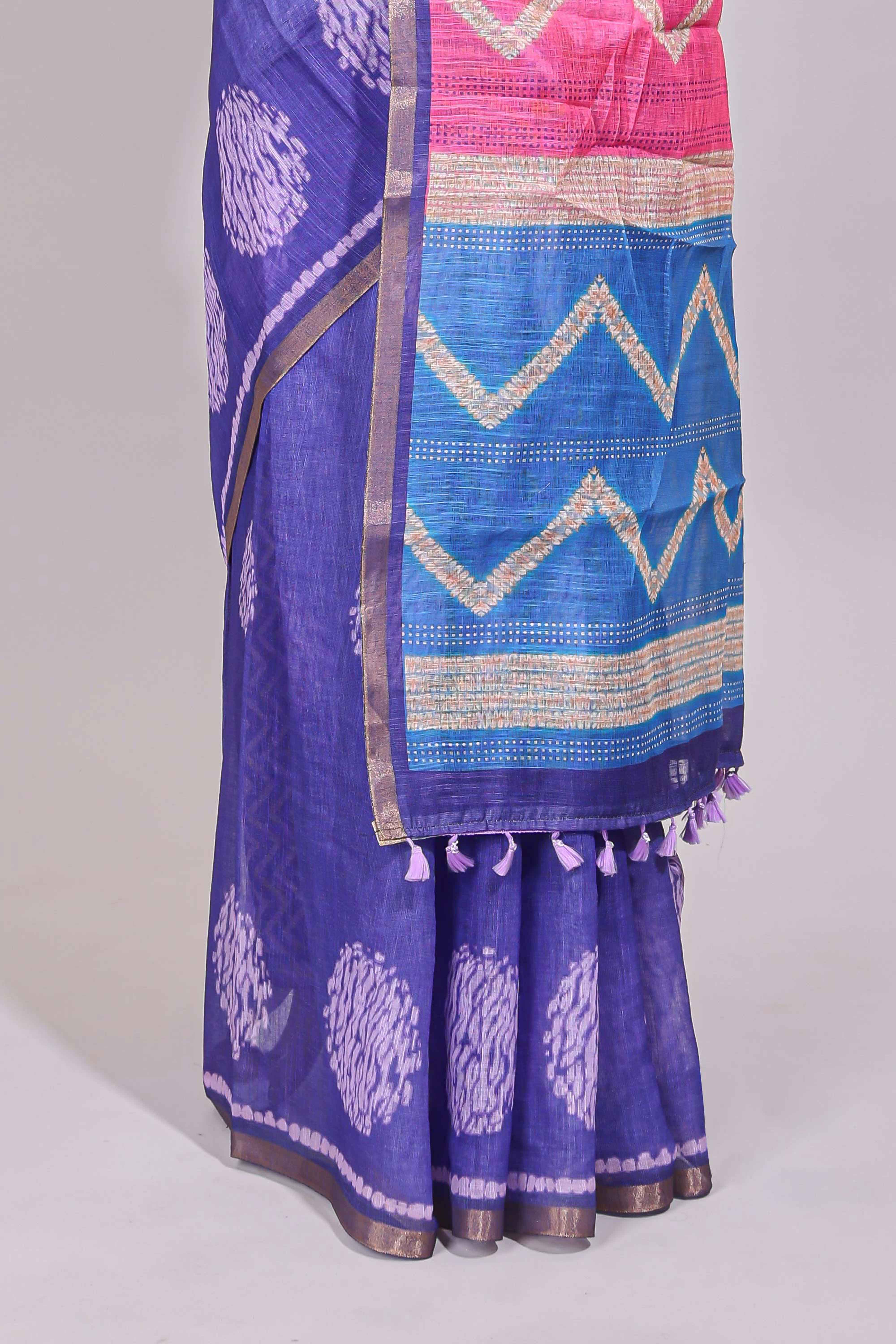Violet round butta design linen cotton saree with self zari border and chevron printed blouse