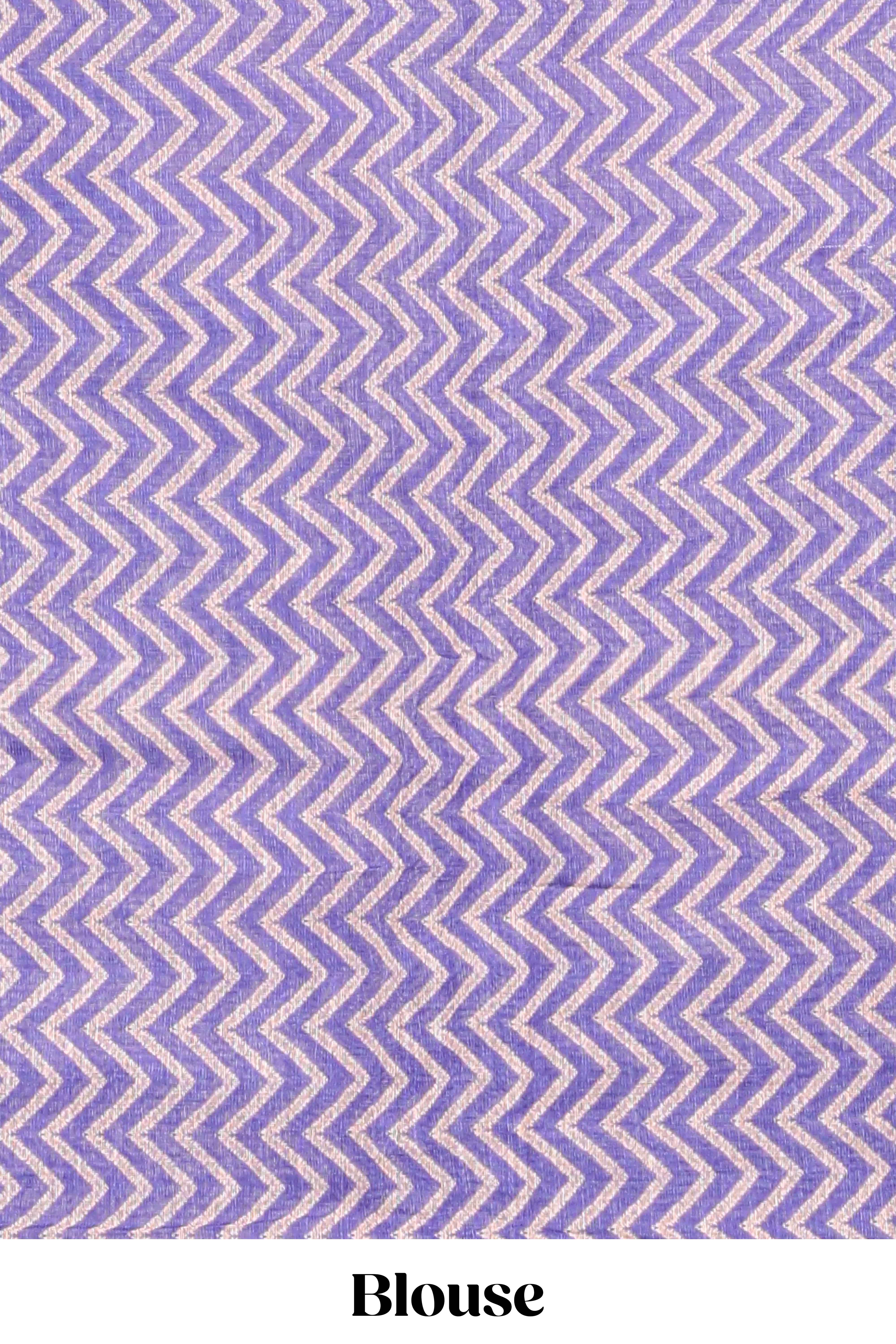 Violet round butta design linen cotton saree with self zari border and chevron printed blouse