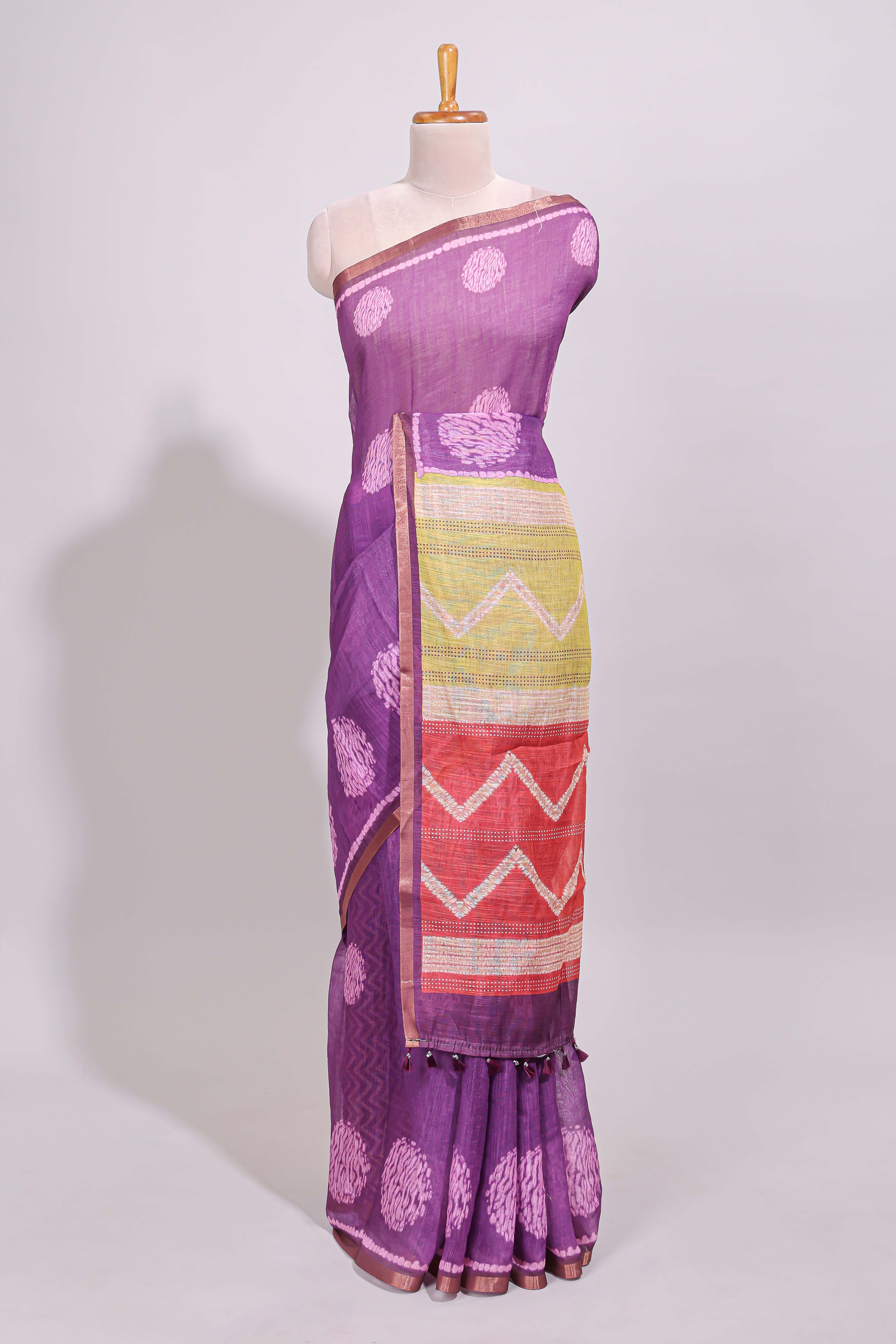 Purple round butta design linen cotton saree with self zari border and chevron printed blouse