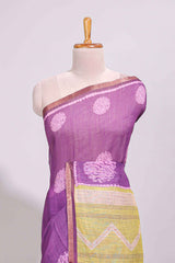 Purple round butta design linen cotton saree with self zari border and chevron printed blouse