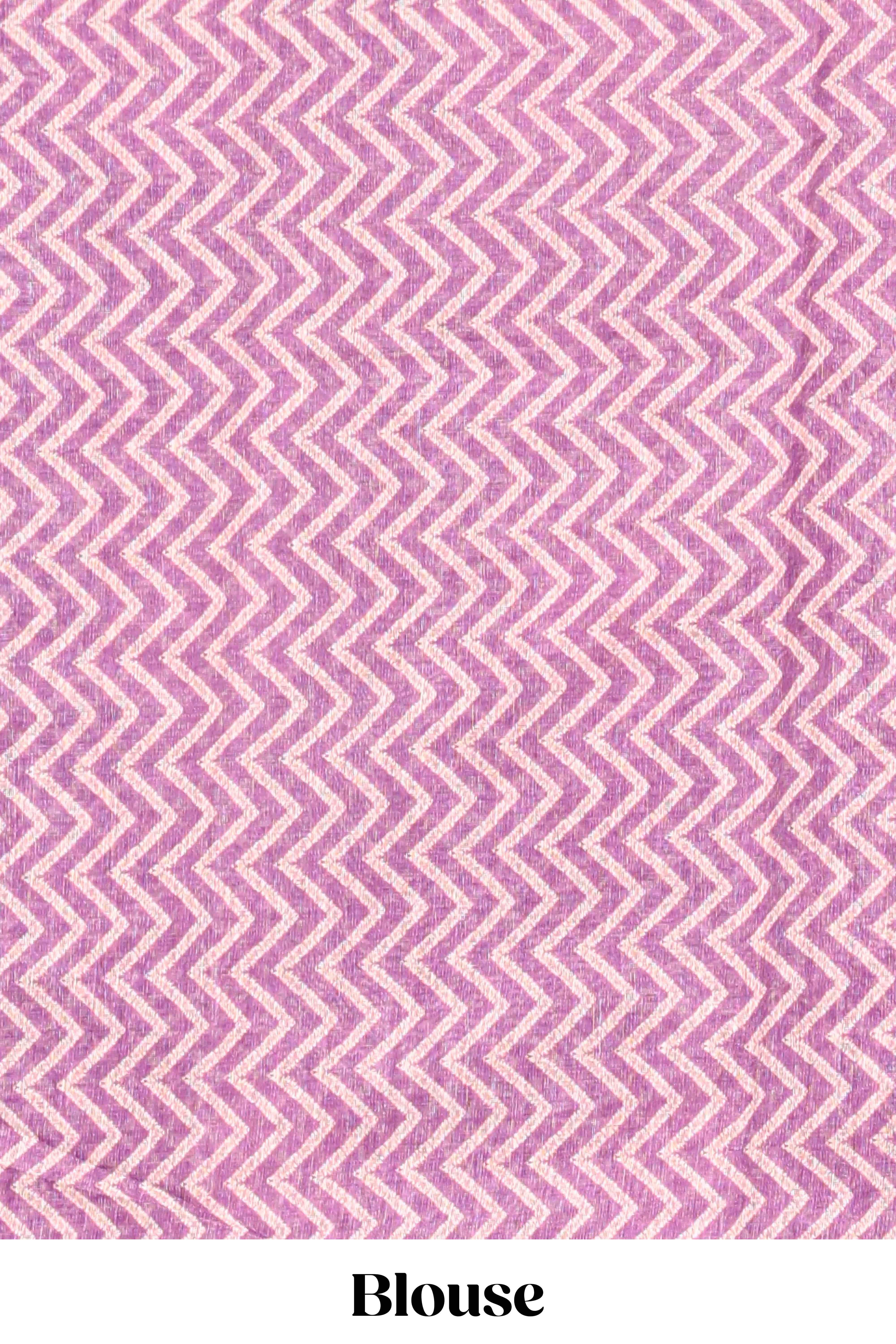 Purple round butta design linen cotton saree with self zari border and chevron printed blouse