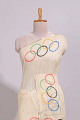 Cream olympic logo design linen cotton saree with self zari border and matching printed blouse