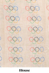 Cream olympic logo design linen cotton saree with self zari border and matching printed blouse
