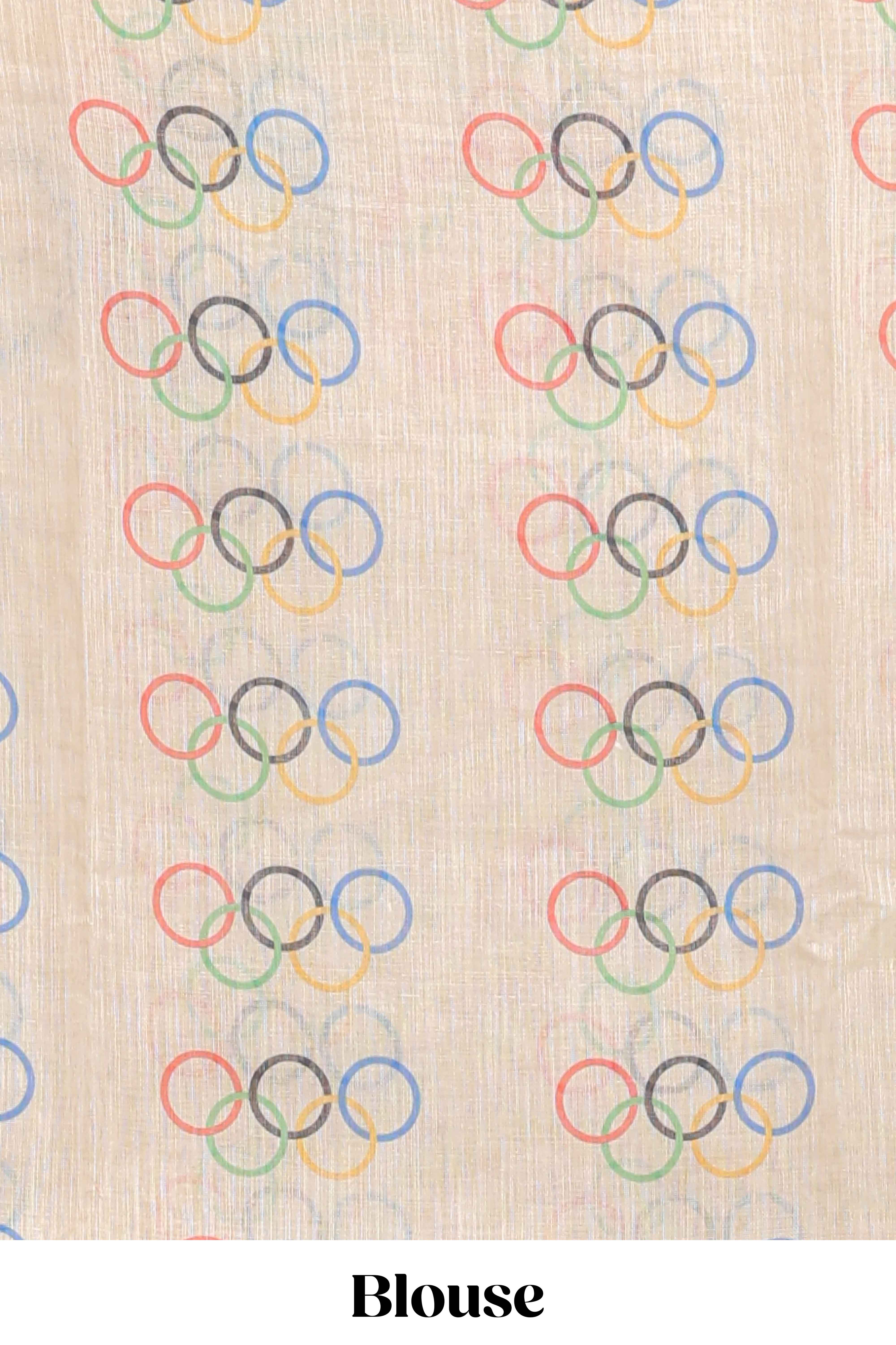 Cream olympic logo design linen cotton saree with self zari border and matching printed blouse