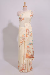 Cream desert themed linen cotton saree with self zari border and matching printed blouse