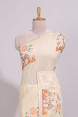 Cream desert themed linen cotton saree with self zari border and matching printed blouse