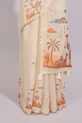 Cream desert themed linen cotton saree with self zari border and matching printed blouse
