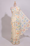 Cream butterfly motifs linen cotton saree with self zari border and matching printed blouse