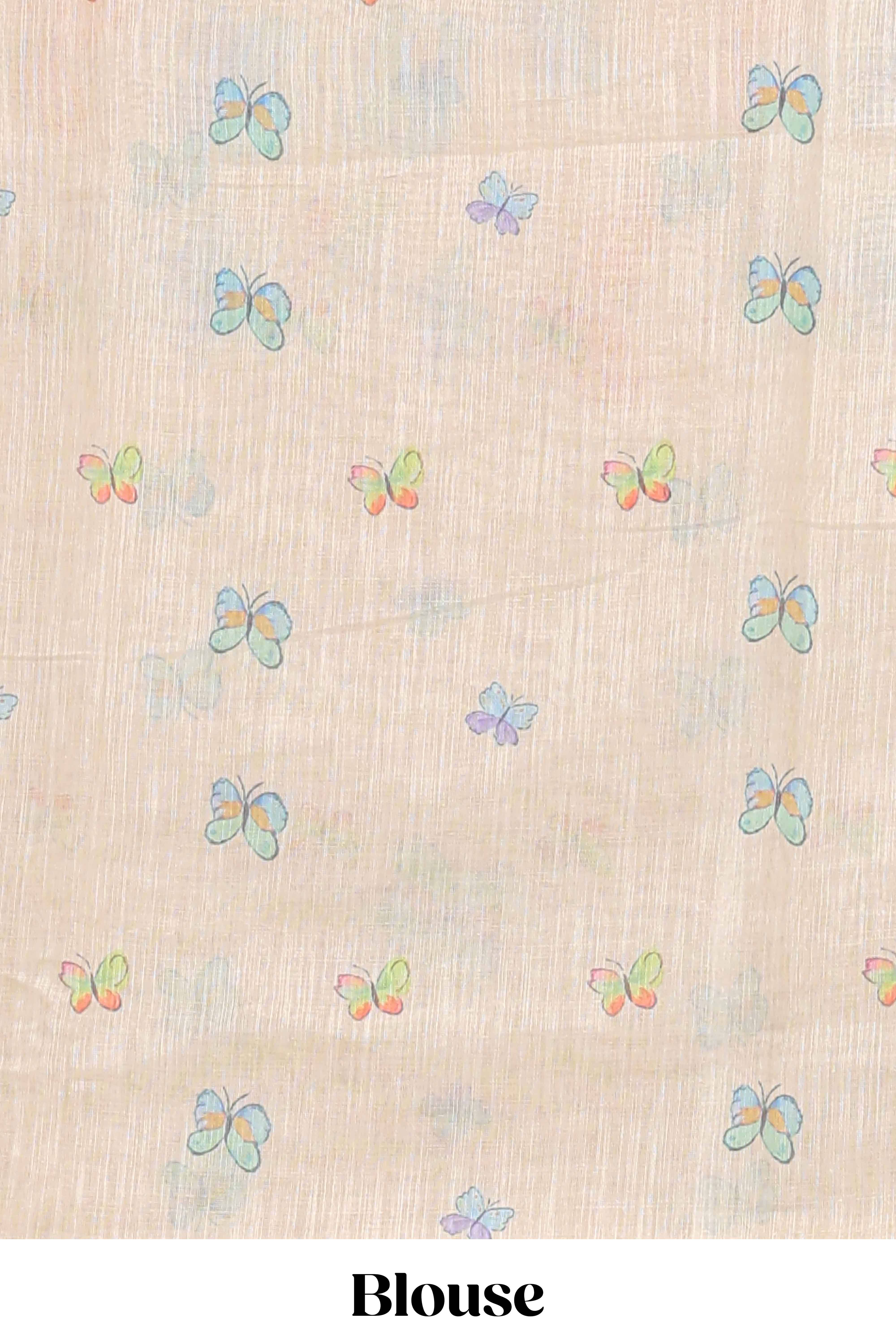 Cream butterfly motifs linen cotton saree with self zari border and matching printed blouse