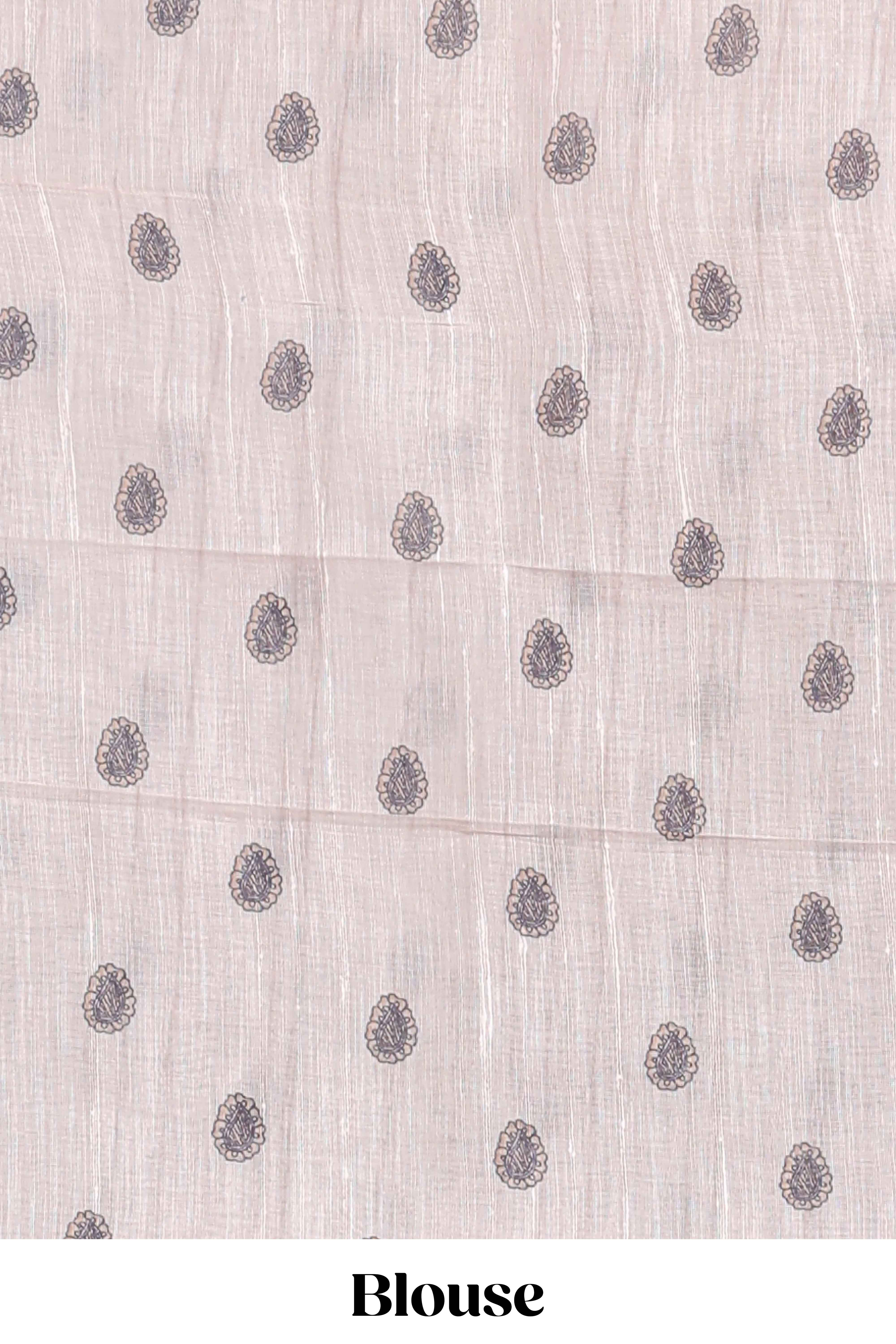 Blue floral print motifs linen cotton saree with contrast zari border and printed motifs blouse