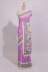 Lavender magenta floral print motifs linen cotton saree with contrast zari border and printed motifs blouse