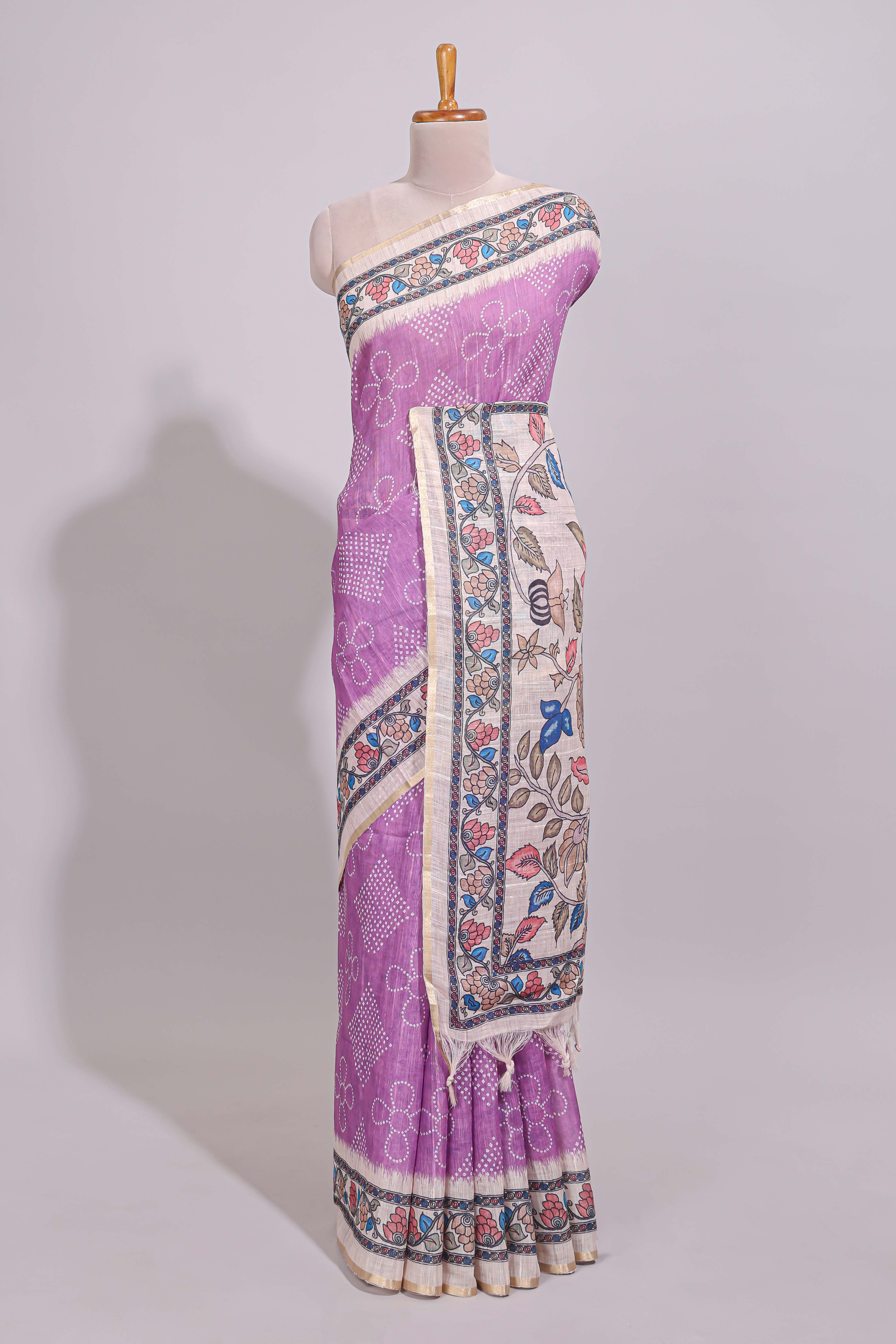 Lavender magenta floral print motifs linen cotton saree with contrast zari border and printed motifs blouse