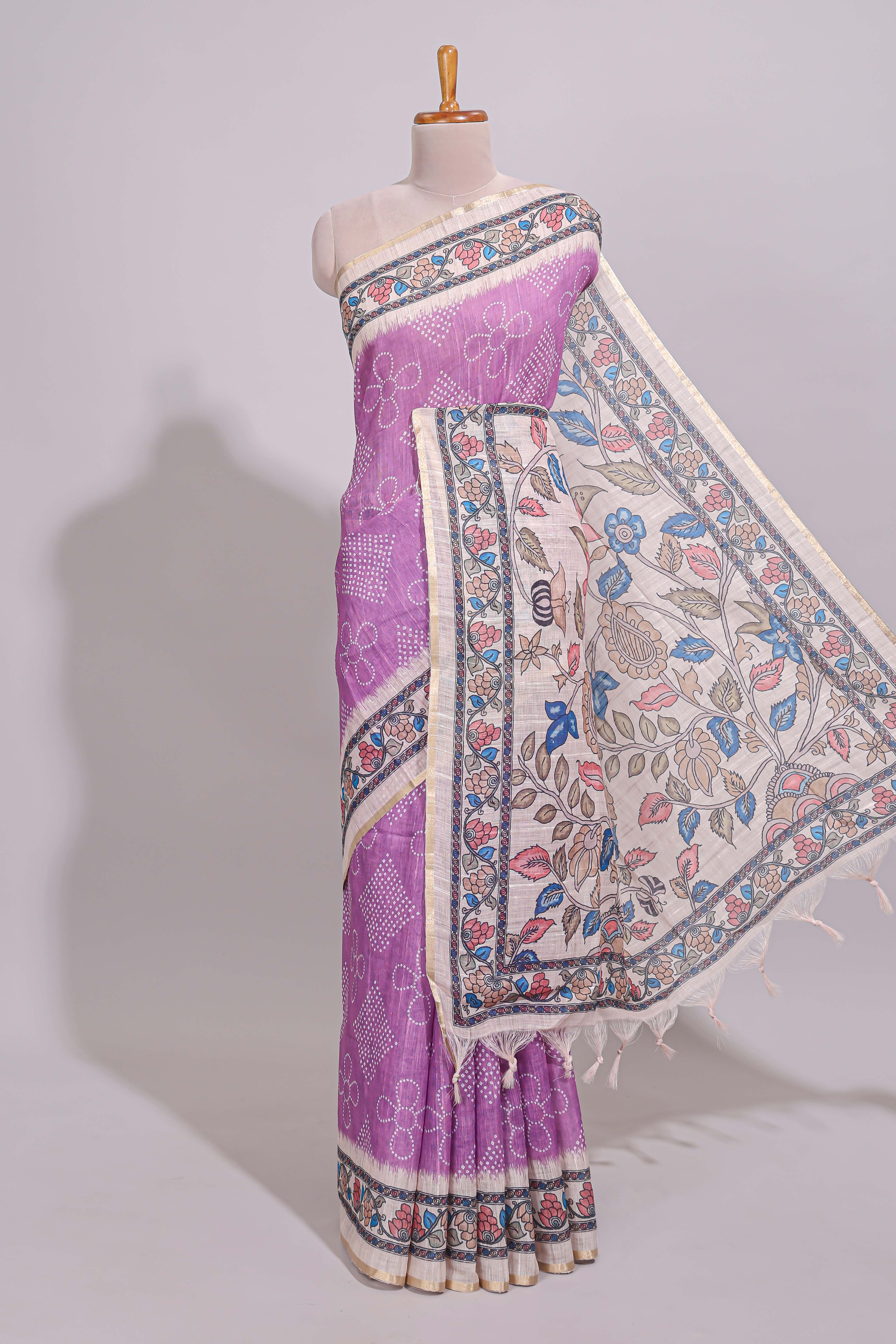 Lavender magenta floral print motifs linen cotton saree with contrast zari border and printed motifs blouse