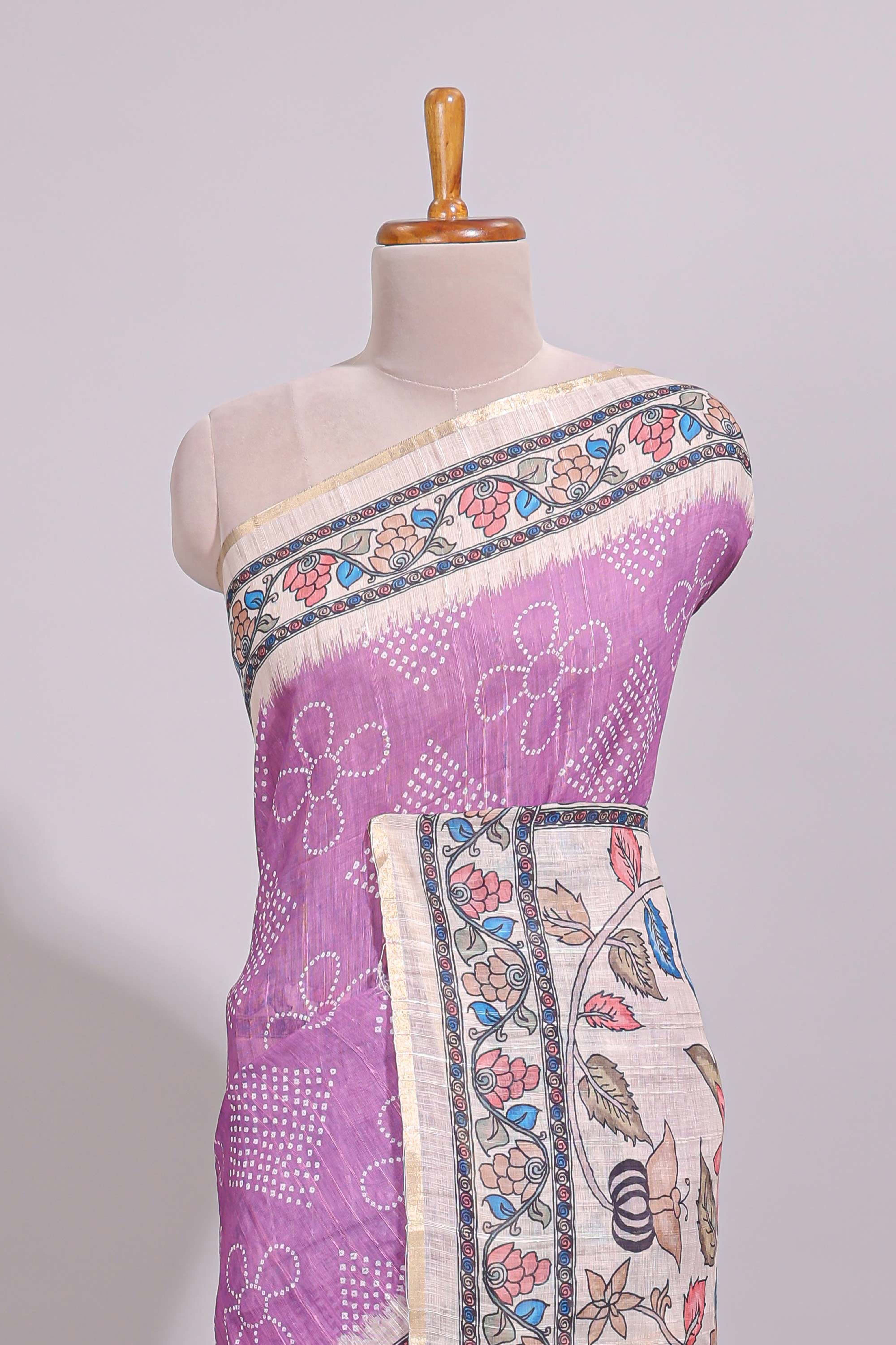Lavender magenta floral print motifs linen cotton saree with contrast zari border and printed motifs blouse