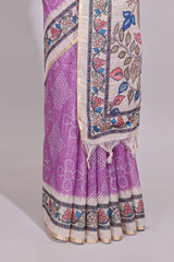 Lavender magenta floral print motifs linen cotton saree with contrast zari border and printed motifs blouse