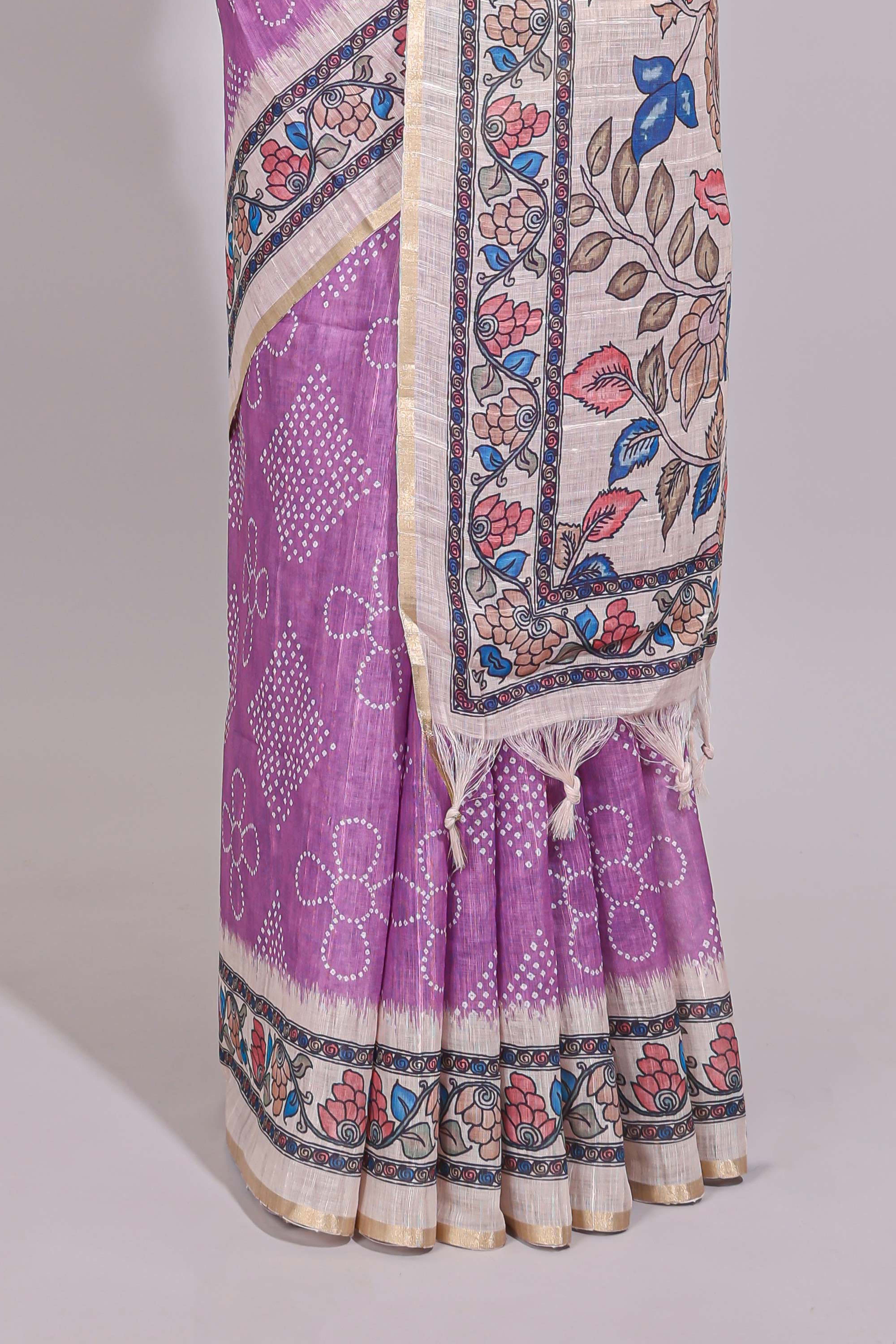 Lavender magenta floral print motifs linen cotton saree with contrast zari border and printed motifs blouse