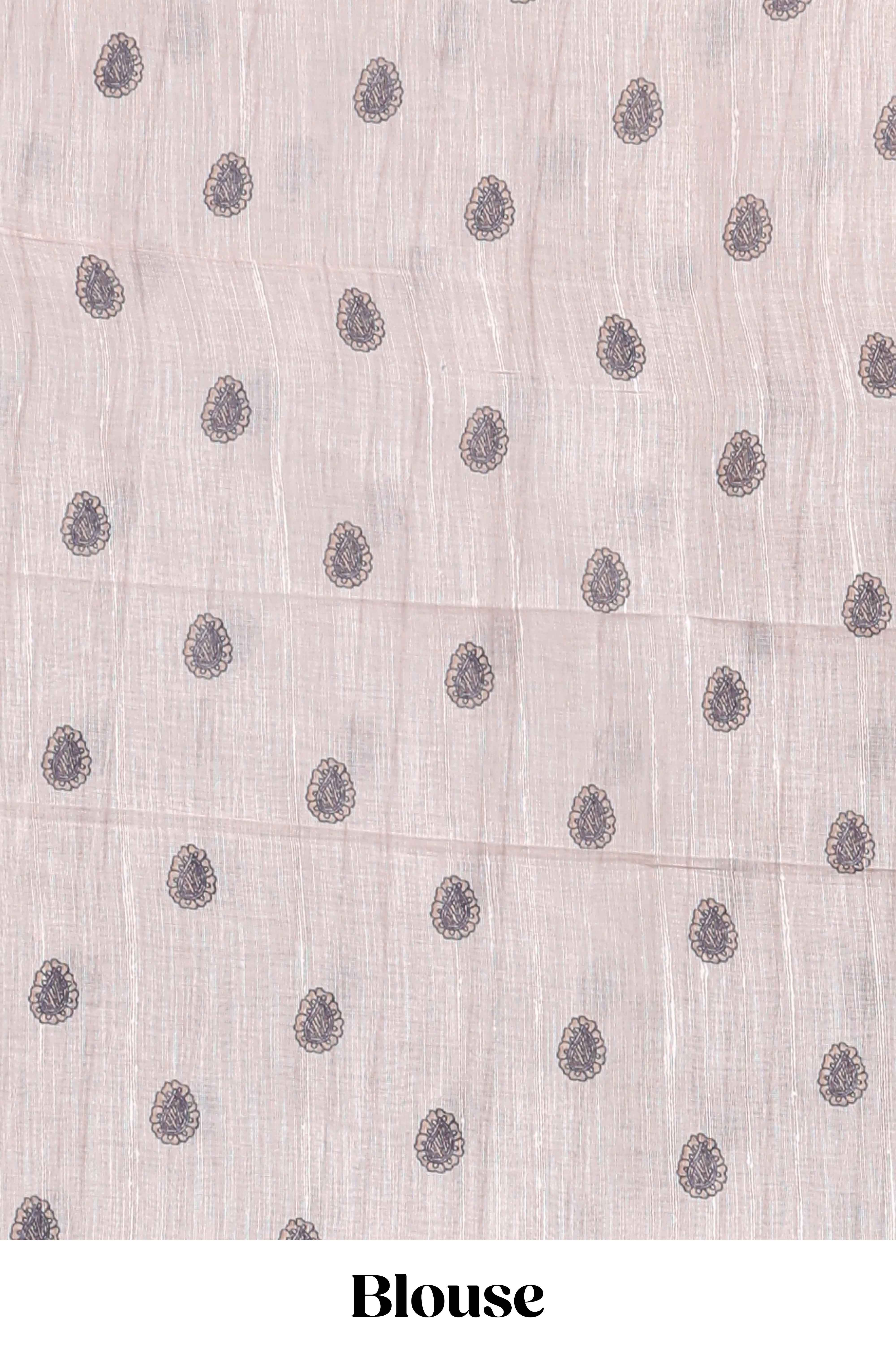 Lavender magenta floral print motifs linen cotton saree with contrast zari border and printed motifs blouse
