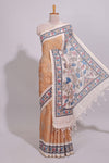 Orange floral print motifs linen cotton saree with contrast zari border and printed motifs blouse