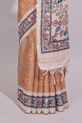 Orange floral print motifs linen cotton saree with contrast zari border and printed motifs blouse