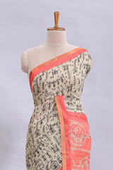Beige tribal design warli print linen cotton saree with contrast pink zari border and chevron design blouse